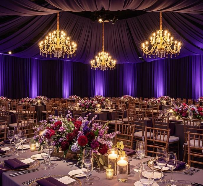 Ballroom dinner under crystal chandeliers