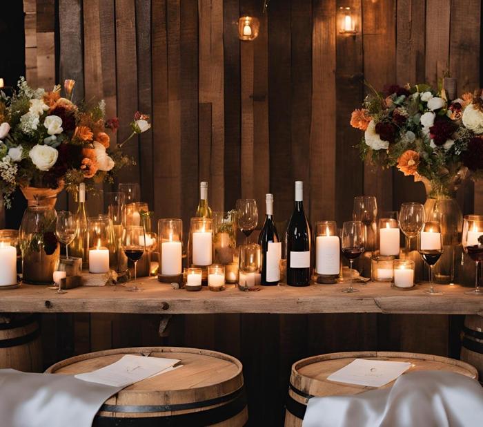Rustic wine-barrel tables with candles and florals