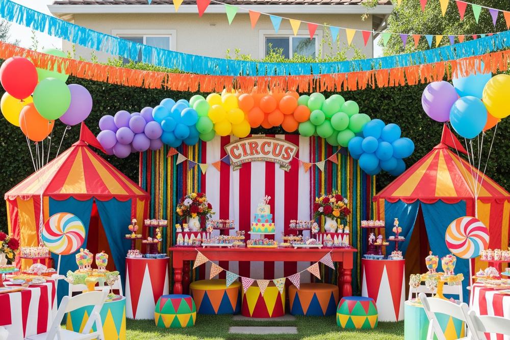 Backyard circus birthday party with striped tents, balloons and a candy table